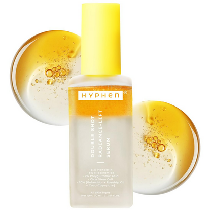 Hyphen Double Shot Face Serum with 18% Brightening and 20% Collagen, showing the serum bottle and applicator.