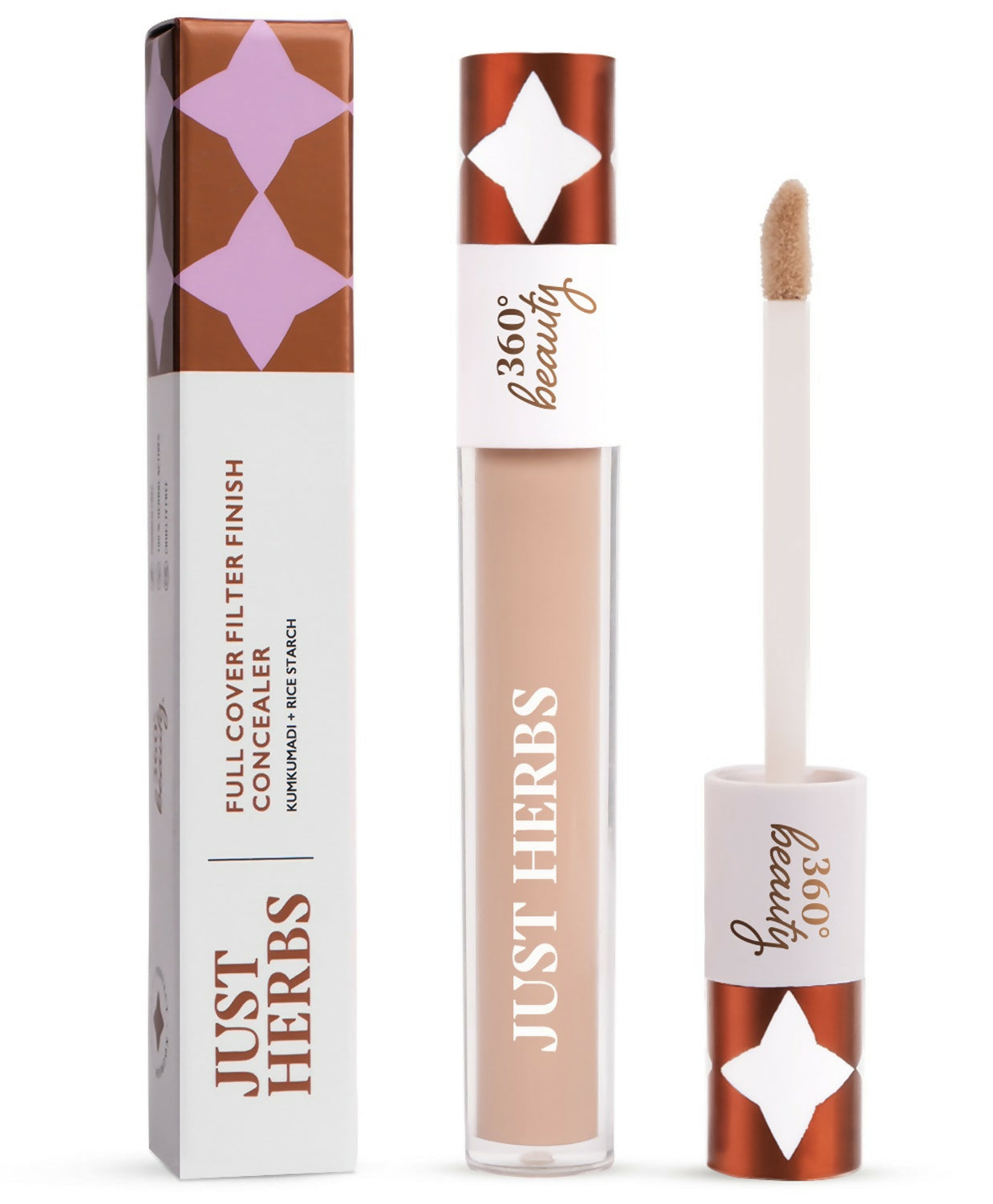 Just Herbs full cover concealer in shade 06 Beige with Kumkumadi and rice starch, showcasing the creamy texture and packaging.