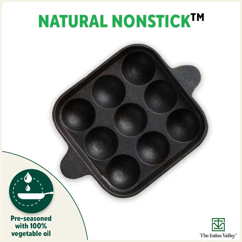 The Indus Valley 9 Pit/Cup CASTrong Cast Iron Paniyaram/Appe Pan+ Spatula, Pre-seasoned, Natural Nonstick, 100% Pure, Toxin-free, 18.2 cm, 1.34 kg