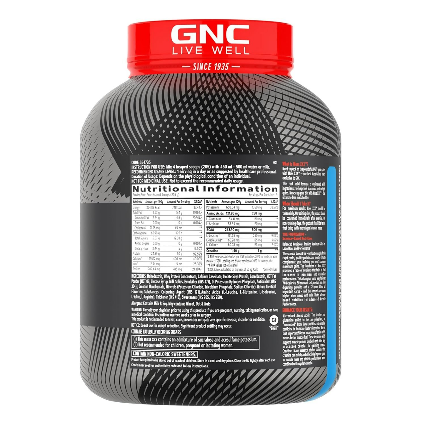 GNC AMP XXX Mass Gainer Ayurvedic protein powder in vanilla flavor with scoops, designed to boost lean muscle gains.