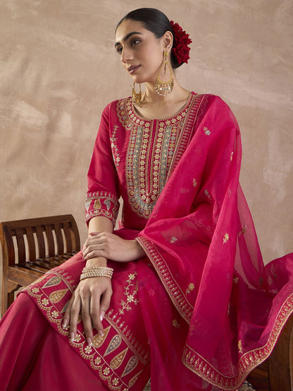 Ethnic Motifs Embroidered Straight Thread Work Kurta With Palazzos & Dupatta