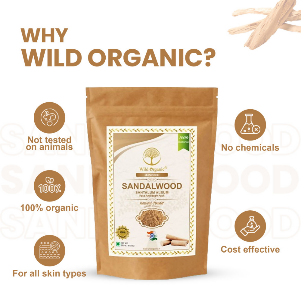 Wild Organic sandalwood powder face pack for skin brightening, showing a bowl of powder and application tools on a natural backdrop.