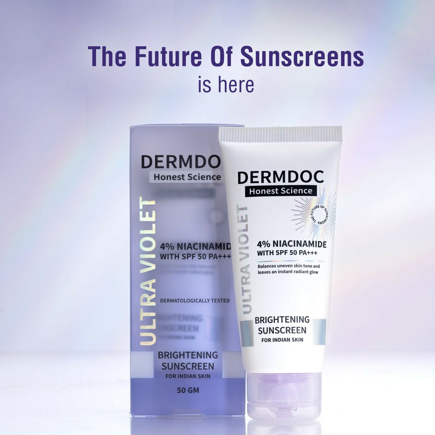 Dermdoc 4% Niacinamide SPF 50 PA+++ brightening sunscreen in a tube, showing its smooth, creamy texture and sun protection features.