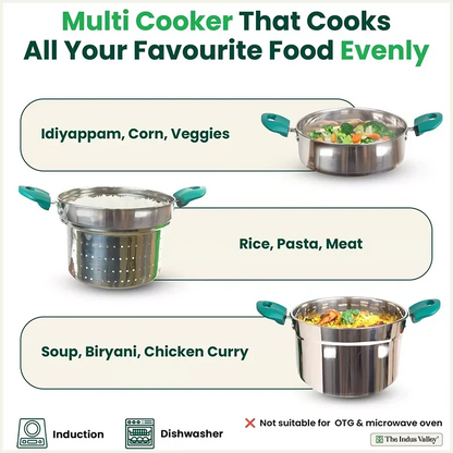The Indus Valley Tri-steel Multi Cooker Pot Premium Stainless Steel Momo Maker/ Idiyappam/ Biryani/  Veg Steaming Set, 3 Pots, 21cm