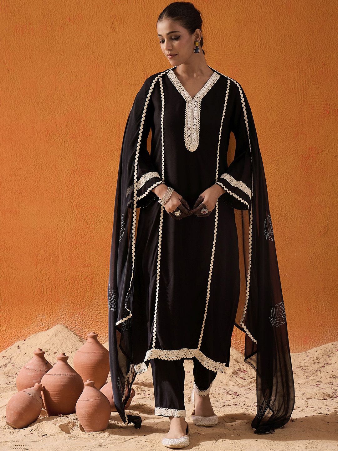 Dhiyona IE Black Floral Embroidered Mirror Work Straight Kurta With Trousers & Dupatta