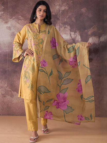 Floral Embroidered Mandarin Collar Pure Cotton Kurta & Trousers With Dupatta