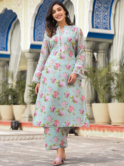 Indyancart VA Women'sFloral Printed Mandarin Collar Regular Kurta With Trousers
