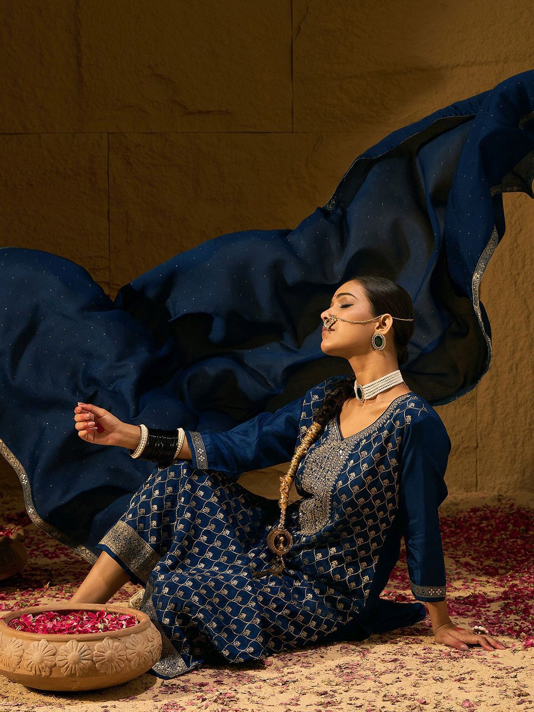 Ethnic Motifs Embroidered V-Neck Jacquard Straight Kurta With Trousers & Dupatta