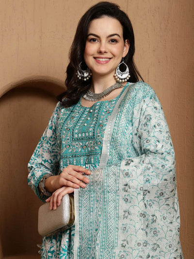 Indyancart SN Women's Floral Printed Pure Cotton Anarkali Kurta & Trousers With Dupatta