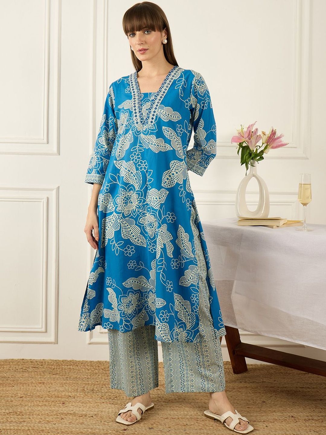 Women Floral Printed Regular Pure Cotton Kurta with Palazzos & With Dupatta