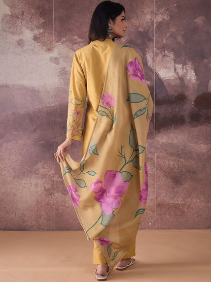 Floral Embroidered Mandarin Collar Pure Cotton Kurta & Trousers With Dupatta
