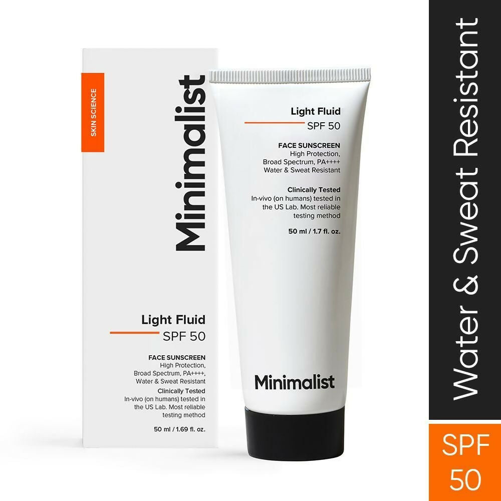 Minimalist lightweight fluid face sunscreen with SPF 50 PA++++, showing the bottle with a pump dispenser and minimalist design.