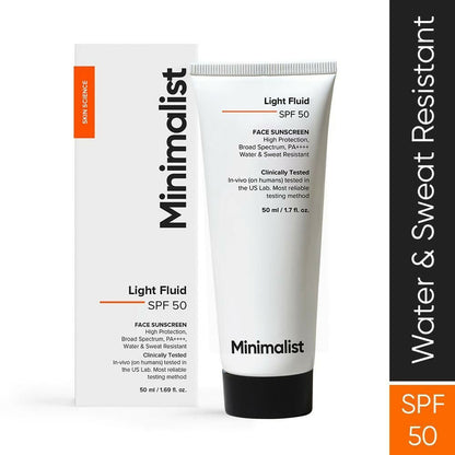 Minimalist lightweight fluid face sunscreen with SPF 50 PA++++, showing the bottle with a pump dispenser and minimalist design.