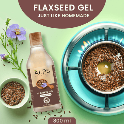 Alps Goodness Flaxseed Gel for hair and skin, clear gel in a transparent container, suitable for face and hair care.