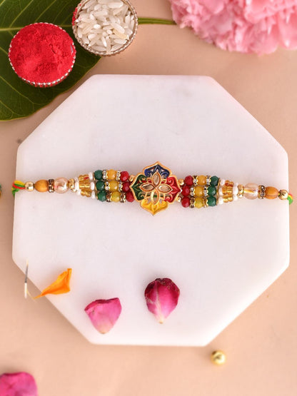 Anouk Green Stone Studded & Beaded Thread Rakhi With Roli Chawal With Greeting Card