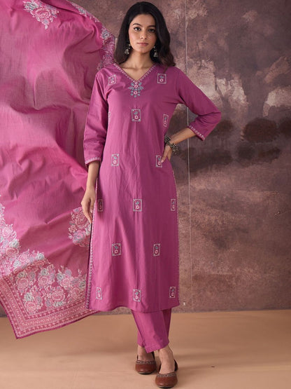 Ethnic Motifs Embroidered V-Neck Thread Work Cotton Kurta With Trousers & Dupatta
