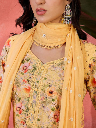 Indyancart SN Women's Digital Printed With Schiffli Embroidered Cotton Kurta With Bottom & Dupatta Set