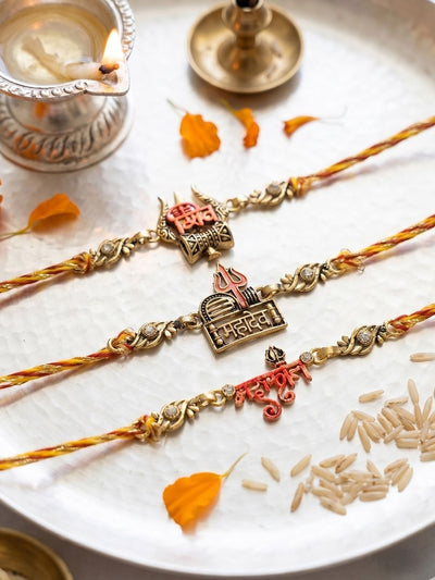 Indyancart Set Of 3 Multicolor Mahadev Divine Thread Rakhi With Roli Chawal Chandan Mishri