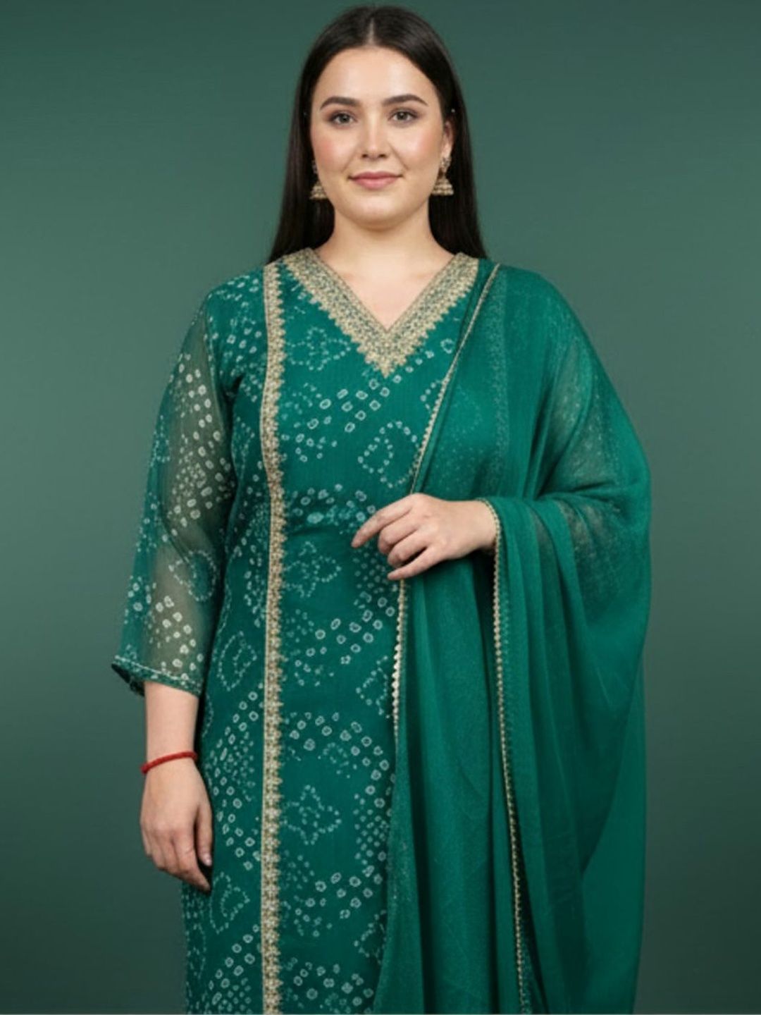 Indyancart Women's Bandhani Printed Regular Gotta Patti Kurta with Trousers & With Dupatta