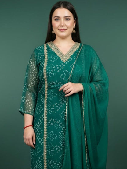 Indyancart Women's Bandhani Printed Regular Gotta Patti Kurta with Trousers & With Dupatta