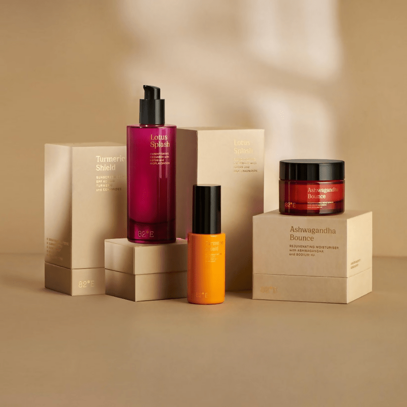 82°E by Deepika Padukone all skin type sunscreen routine combo, featuring sunscreen bottle and skincare products.
