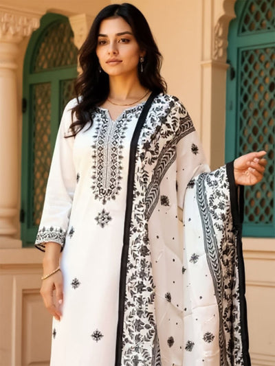 Indyancart IE Women Embroidered Sequinned Pure Cotton Kurta with Trousers & Dupatta Kurta Sets