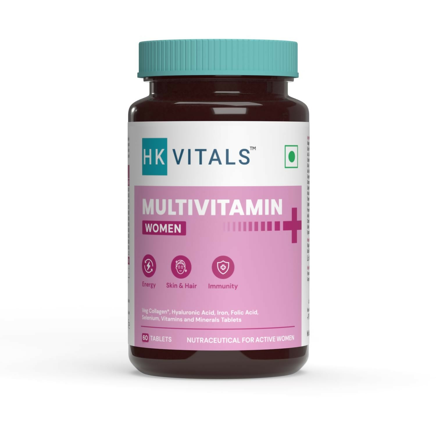 HK Vitals Multivitamin Plus Women Ayurvedic Tablets in a bottle, showcasing the supplement for women's health and wellness.