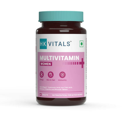 HK Vitals Multivitamin Plus Women Ayurvedic Tablets in a bottle, showcasing the supplement for women's health and wellness.