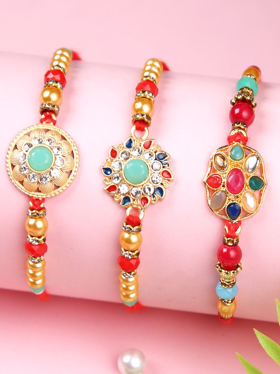 Anouk Set Of 3 Gold-Toned Kundan-Studded & Beaded Rakhi With Roli Rice & Greeting Card