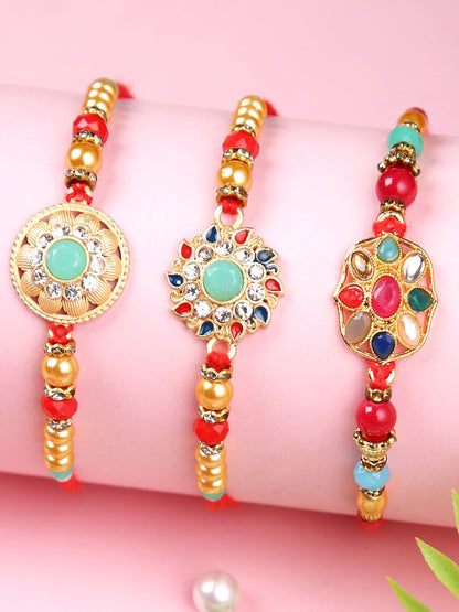 Anouk Set Of 3 Gold-Toned Kundan-Studded & Beaded Rakhi With Roli Rice & Greeting Card