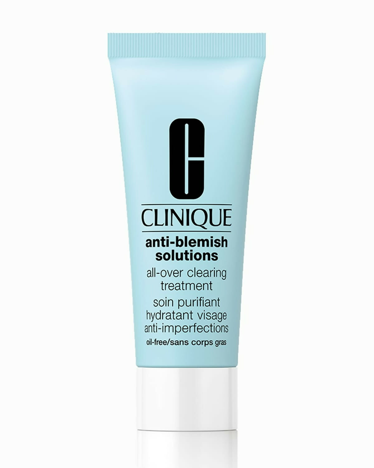 Clinique Anti-Blemish Solutions All-Over Clearing Gel in a clear tube, designed for face application to reduce blemishes and clear skin.