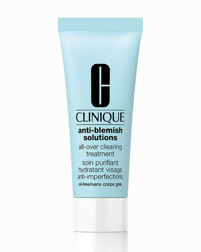 Clinique Anti-Blemish Solutions All-Over Clearing Gel in a clear tube, designed for face application to reduce blemishes and clear skin.