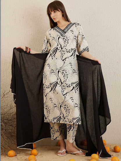 Women Ethnic Motifs Printed Regular Thread Work Pure Cotton Kurta with Trousers & With Dupatta
