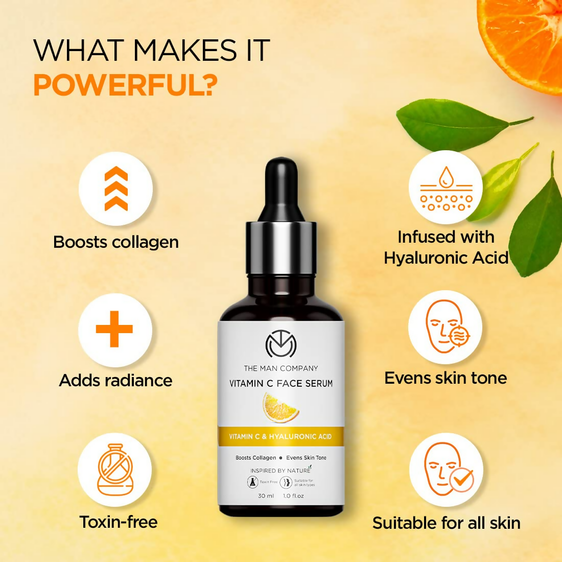 The Man Company 40% Vitamin C Face Serum bottle with dropper for brightening and skincare in a clear glass container
