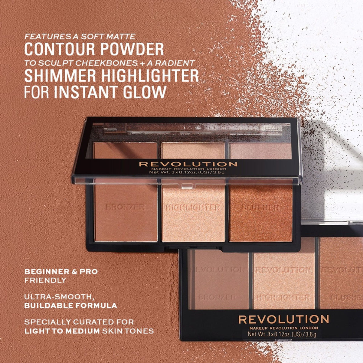 Makeup Revolution Ultra Sculpt & Contour Kit in Ultra Light-Medium C04 with contour powders and highlighters for face shaping.