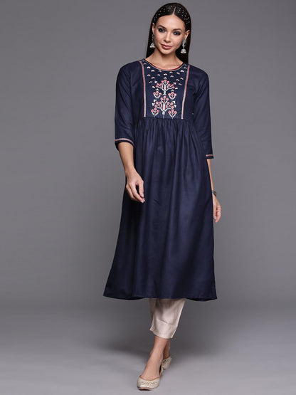 Dhiyona IE Women Navy Blue Floral Yoke Design Floral Kurta