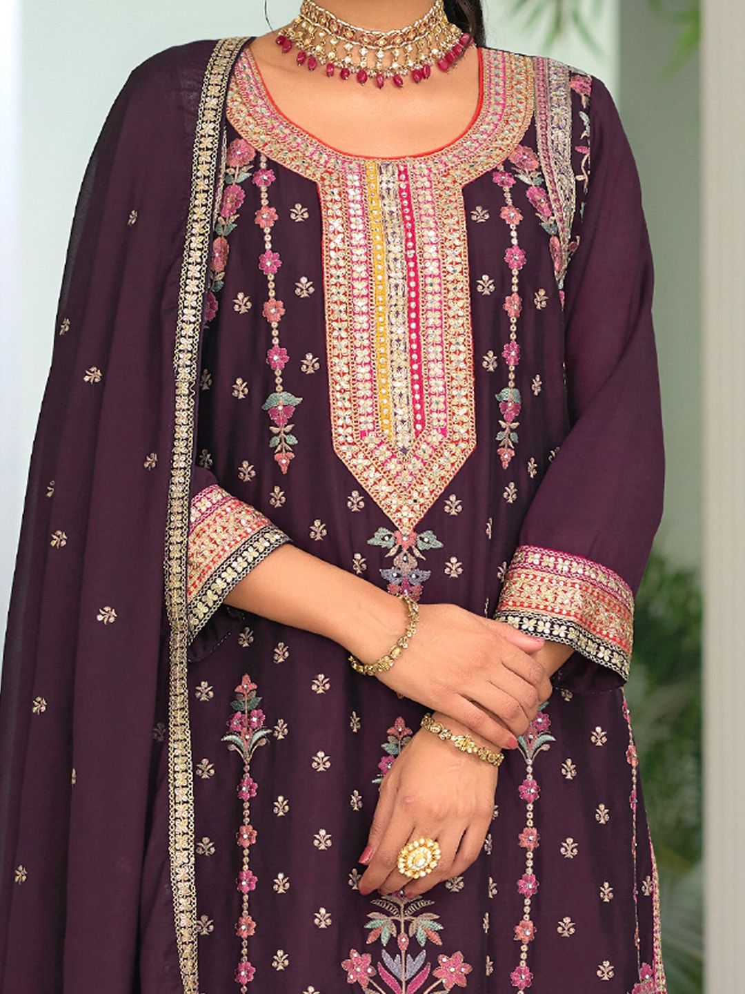 Indyancart IE Women Ethnic Motifs Embroidered Regular Mirror Work Kurta with Palazzos & With Dupatta