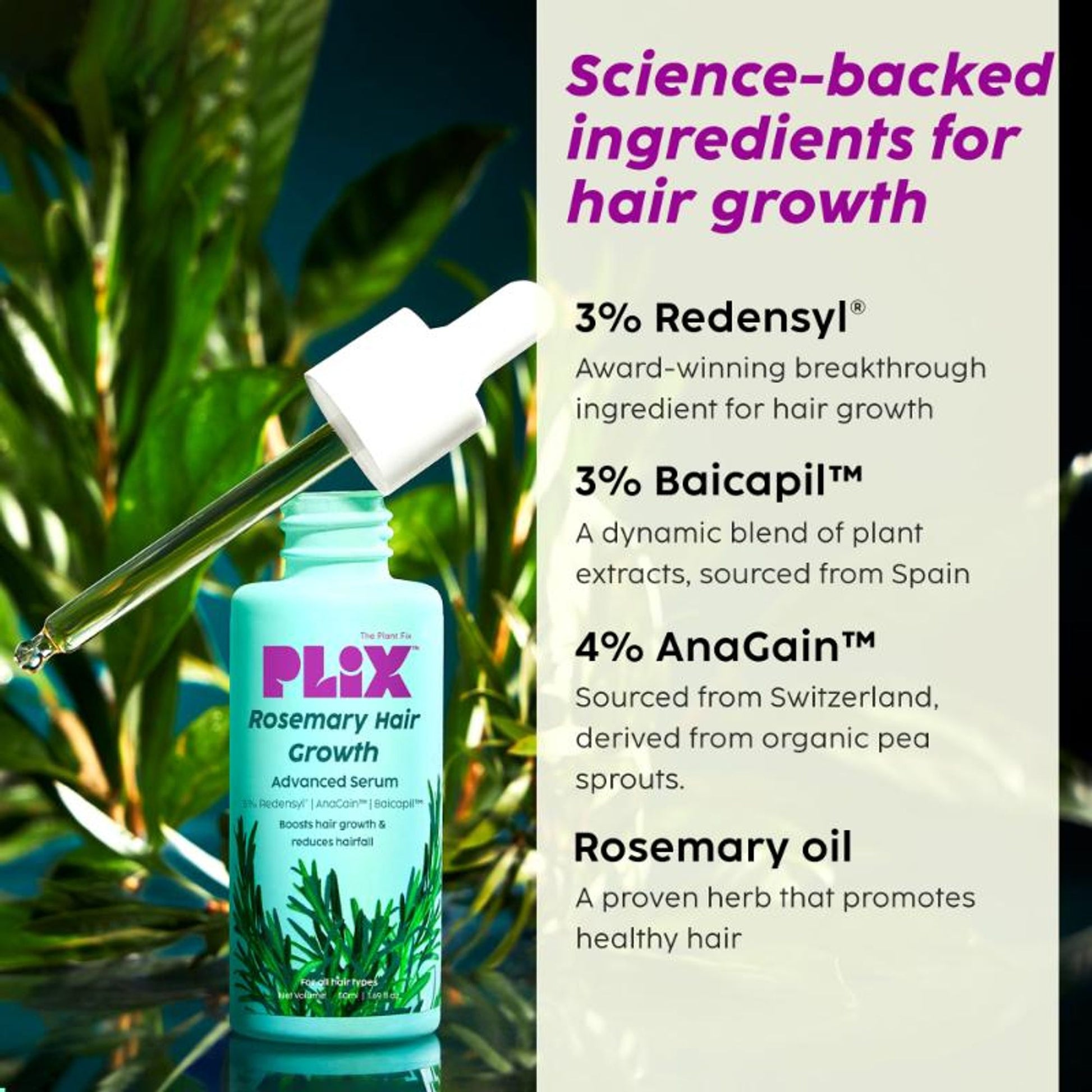 Plix Rosemary Hair Growth Serum With 3% Redensyl, 4% AnaGain, 3% Baicapil, Thickens Hair