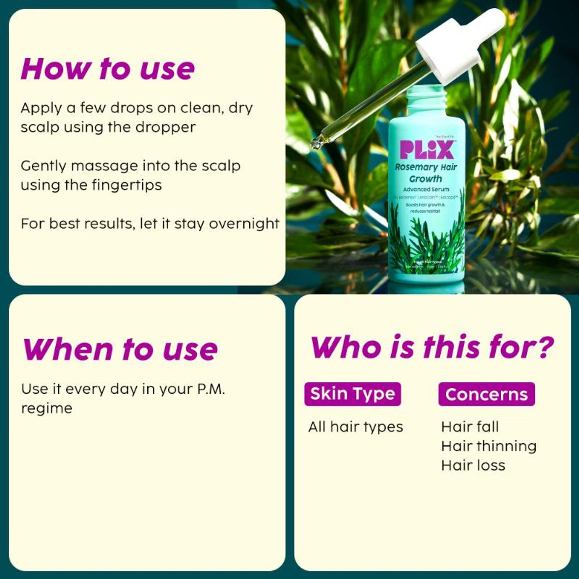 Plix Rosemary Hair Growth Serum With 3% Redensyl, 4% AnaGain, 3% Baicapil, Thickens Hair