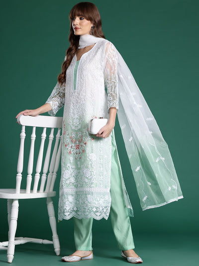 Indyancart IE Floral Embroidered Regular Sequinned Kurta With Trousers & Dupatta