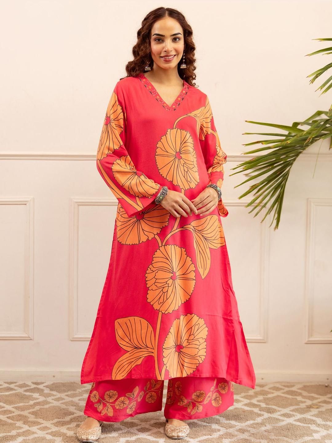 Dhiyona IE Pink Printed V-Neck Long Sleeve Tunic With Trouser Co-Ords