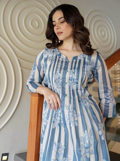 Indyancart IE Floral Printed Round Neck A-Line Pure Cotton Kurta With Trousers
