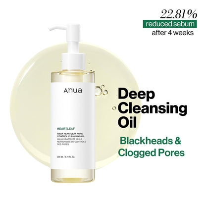 Anua Heartleaf Pore Control Cleansing Oil removing makeup, excess sebum, blackheads, and unclogging pores.