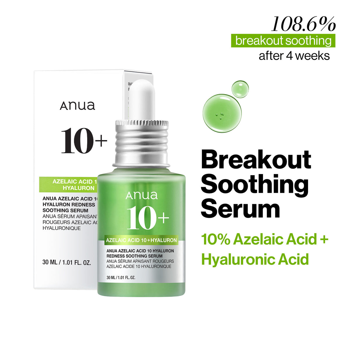 Anua Azelaic Acid 10 Hyaluron Serum with Cica soothing redness and calming acne-prone skin, featuring a dropper bottle and skincare application.