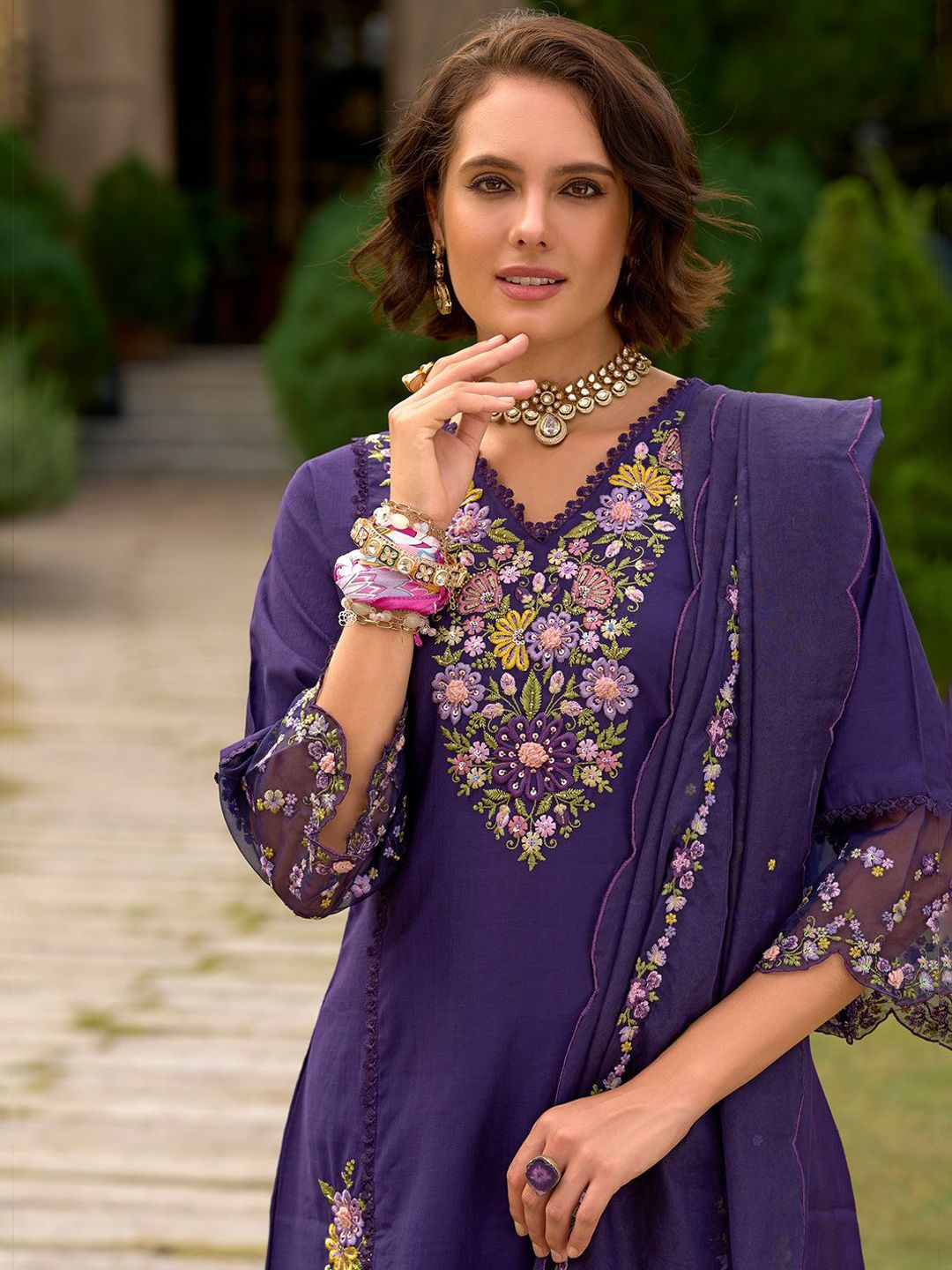 Women Floral Embroidered Panelled Sequinned Kurta with Trousers & With Dupatta