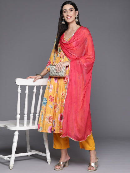 Indyancart VA Women's Floral Printed Empire Beads and Stones Kurta with Trousers & With Dupatta
