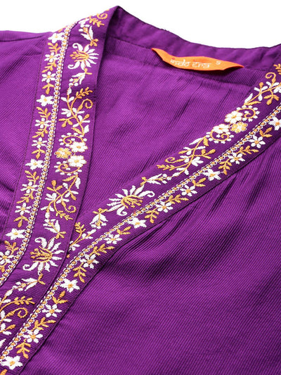 Indyancart IE Floral Thread Work Liva Kurta with Trousers & With Dupatta