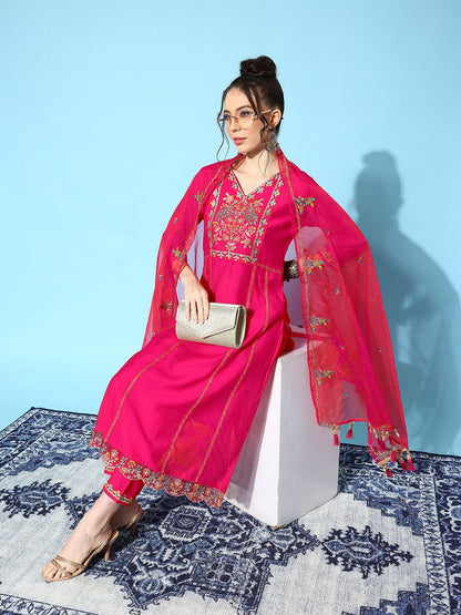 Indyancart SN Women's Floral Yoke Design Regular Kurta with Trousers & With Dupatta