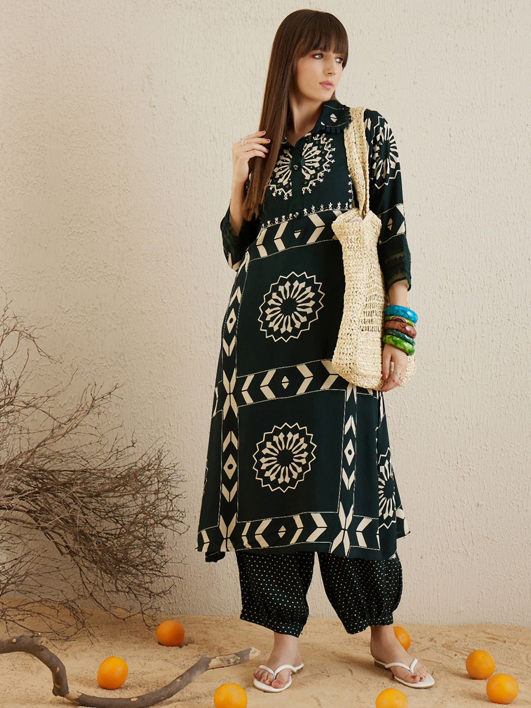 Green Floral Printed Stones & Beads Shirt Collar Straight Kurta with Salwar