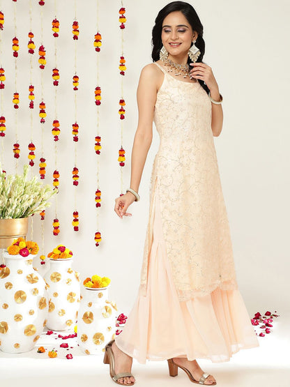 Indyancart VA Floral Embroidered Sequinned Straight Kurta & Sharara With Dupatta